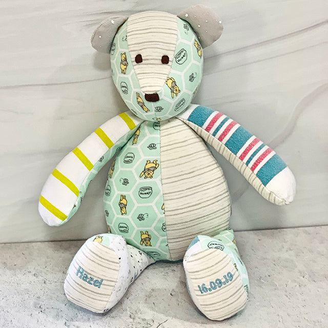 memory bear made with baby clothes and receiving blanket