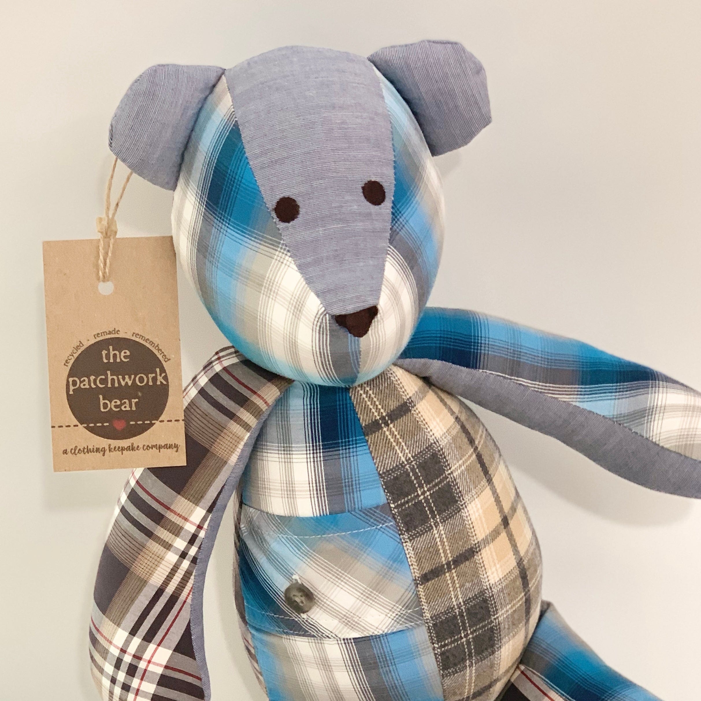 Patchwork Bear plush toy from clothing keepsake company.