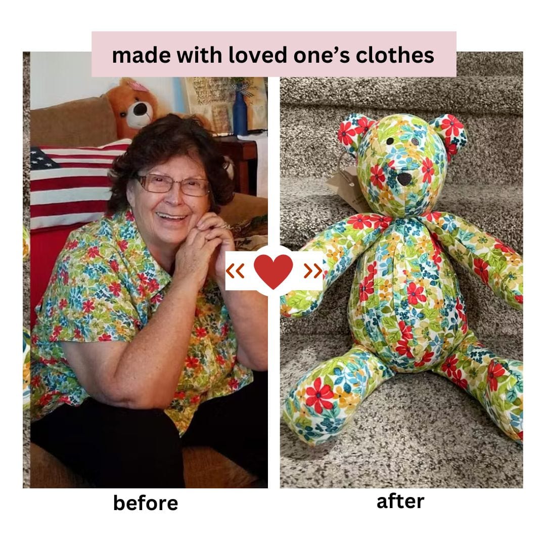Bereavement keepsake bear made from loved one's clothes - before & after.