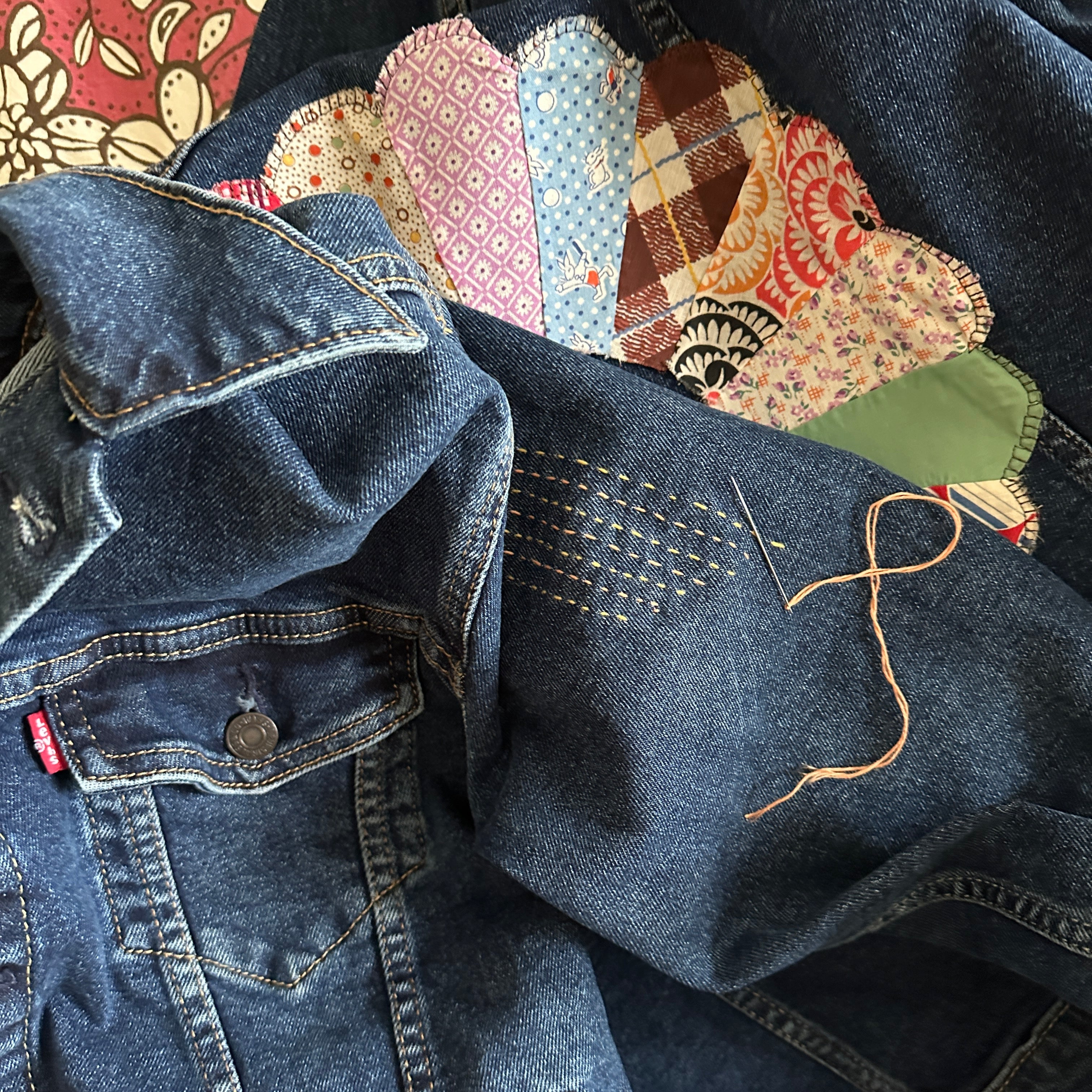Close-up of denim jacket with hand-stitching details