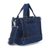 Denim handbag with shoulder strap.
