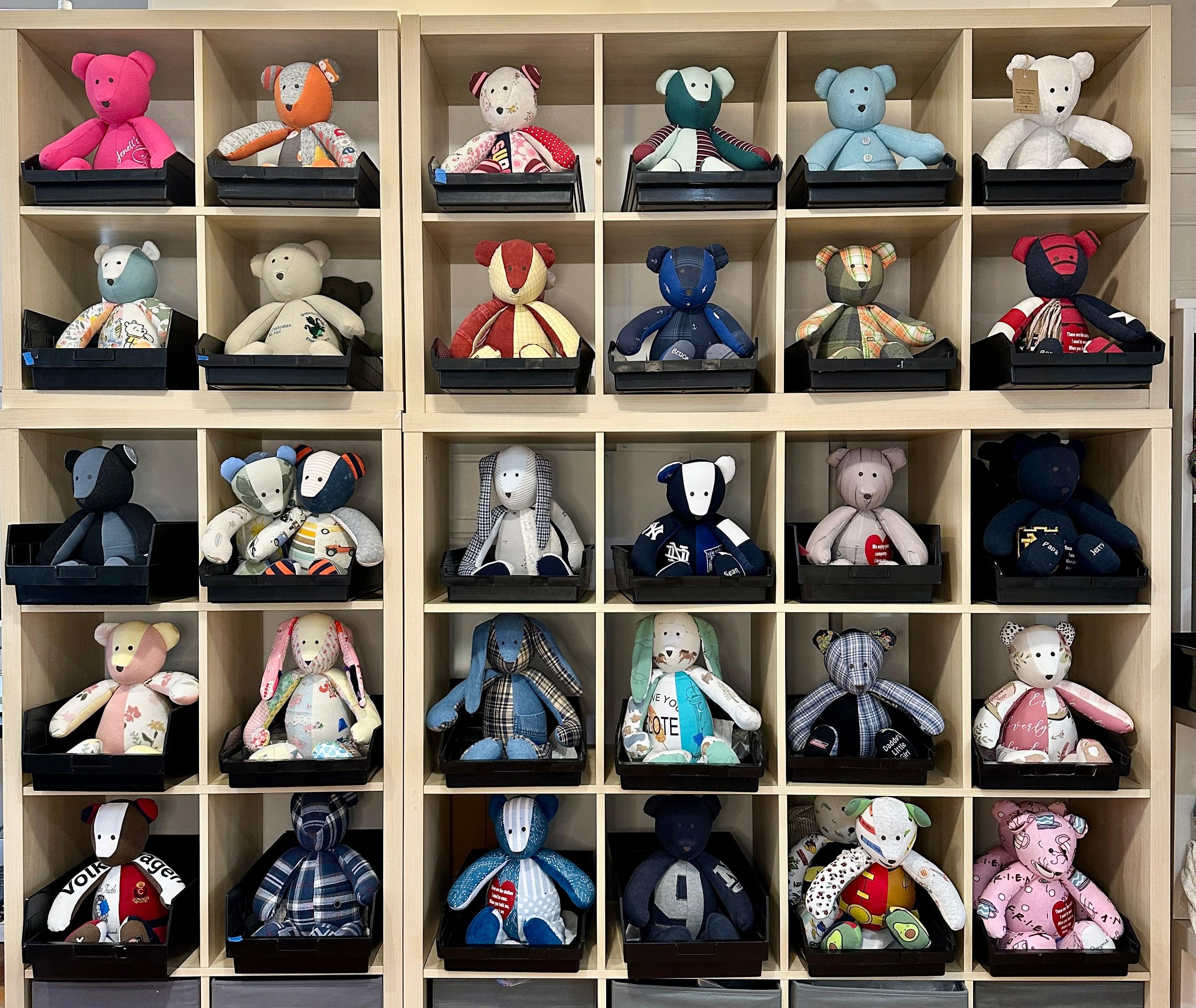 Bear wall display of various stuffed toys.
