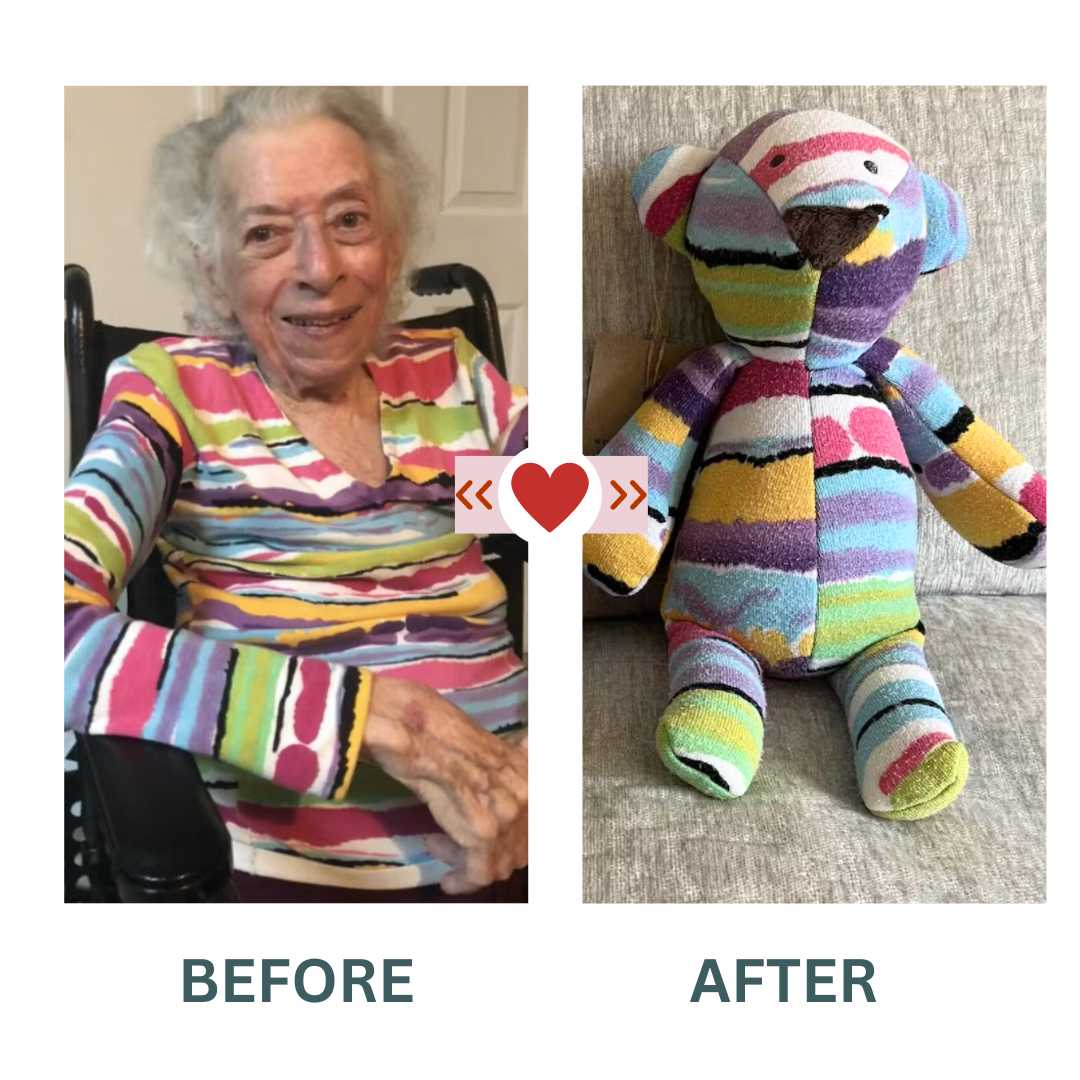 Before and after photo of woman and Bitty Bear