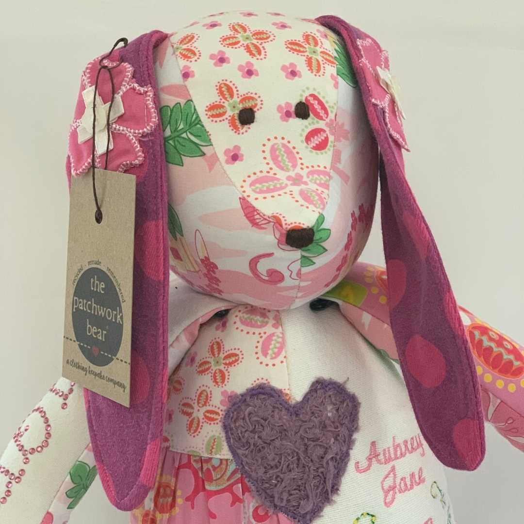 Close-up of patchwork bunny toy