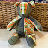 Plaid bear made from shirts with pockets, Dad foot.