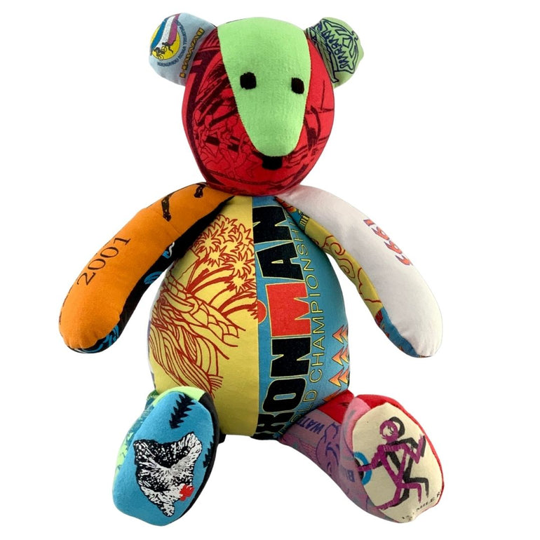 Memory Bear made with favorite Ironman T-shirts to show off accomplishments. Saved memories instead of t-shirts taking up space