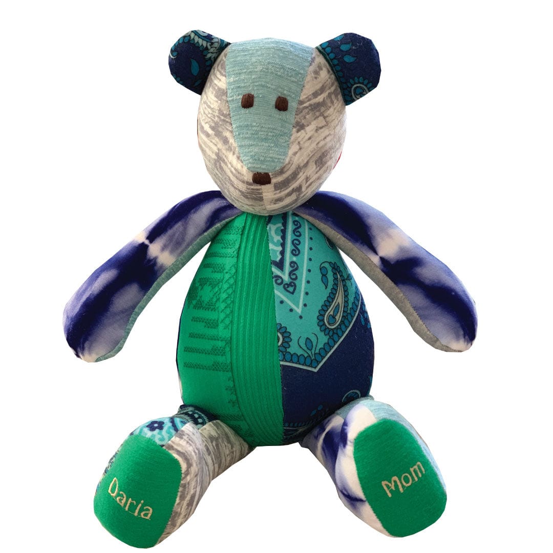 Memory bear in blue & green, Mom & Daria embroidered.