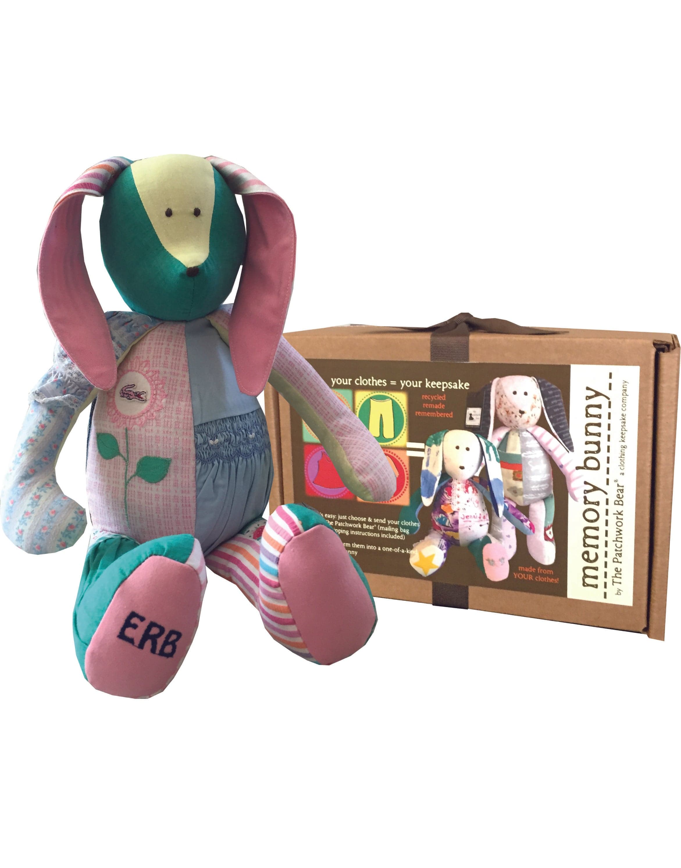 Patchwork Memory Bunny Kit with finished bunny and box.