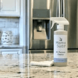 Cleaning spray bottle and cloth on countertop.
