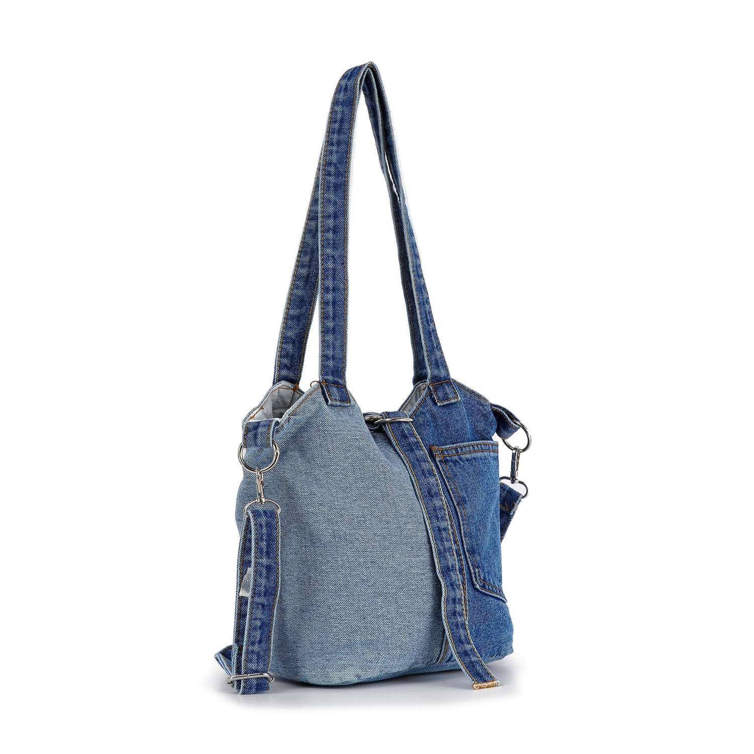 Denim tote bag with shoulder straps.