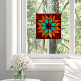 12"H Red & Teal Quilt Square Stained Glass Window Panel
