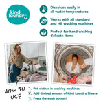 Woman adding laundry sheet to washing machine.