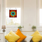 12"H Red & Teal Quilt Square Stained Glass Window Panel