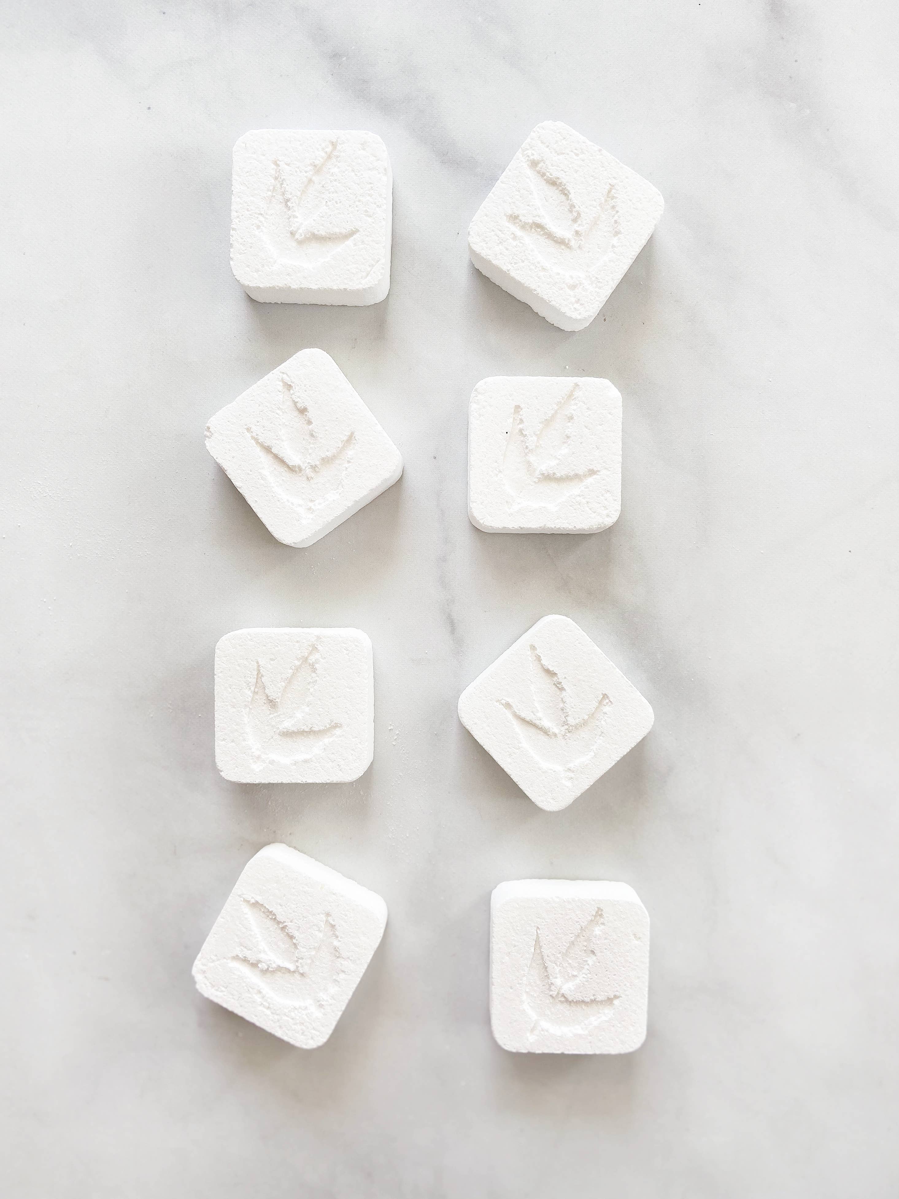 White square tablets with dinosaur footprint imprints.