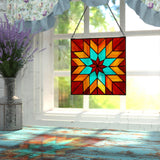 12"H Red & Teal Quilt Square Stained Glass Window Panel