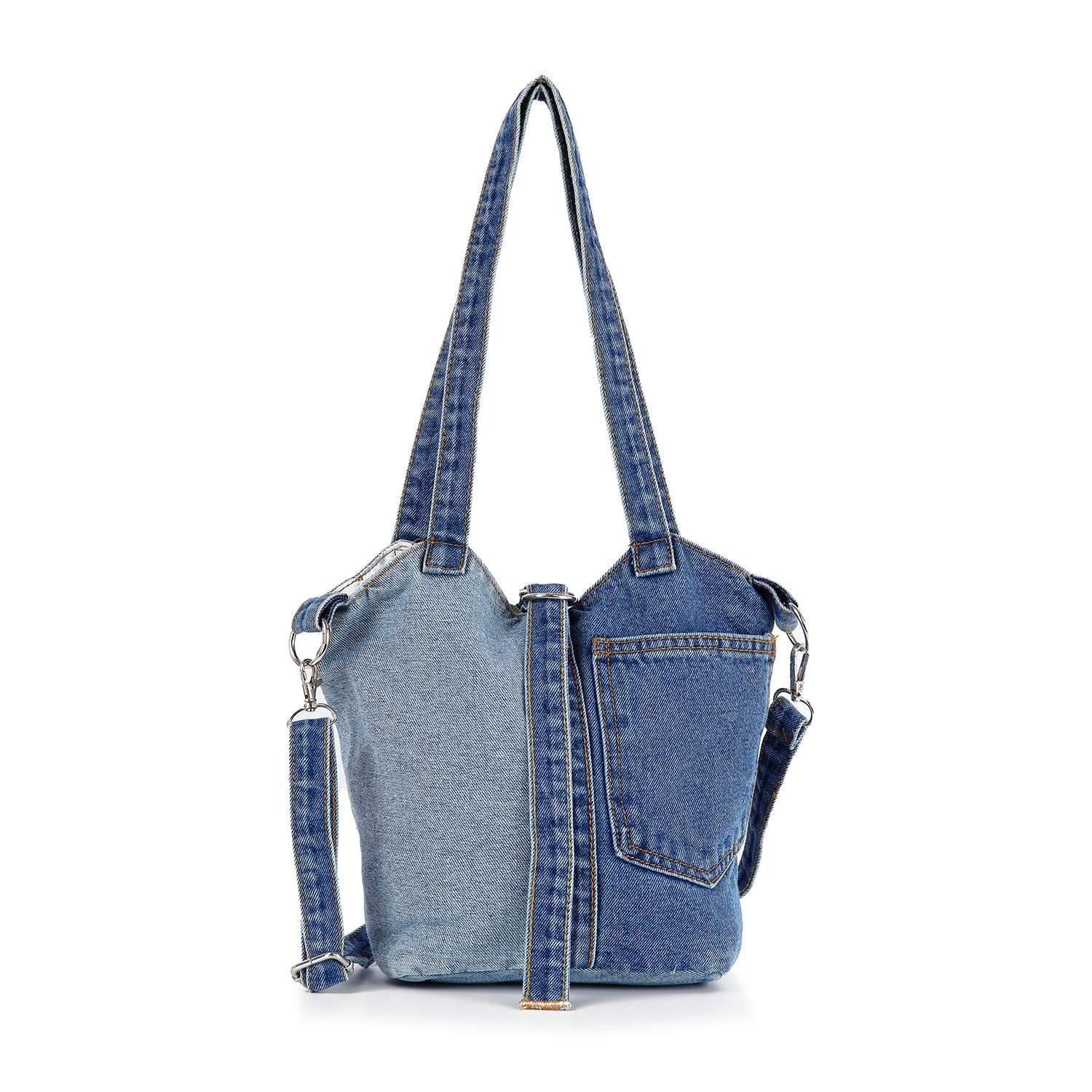 Denim tote bag with two shades of blue denim.