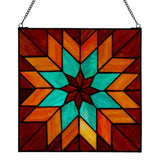 12"H Red & Teal Quilt Square Stained Glass Window Panel