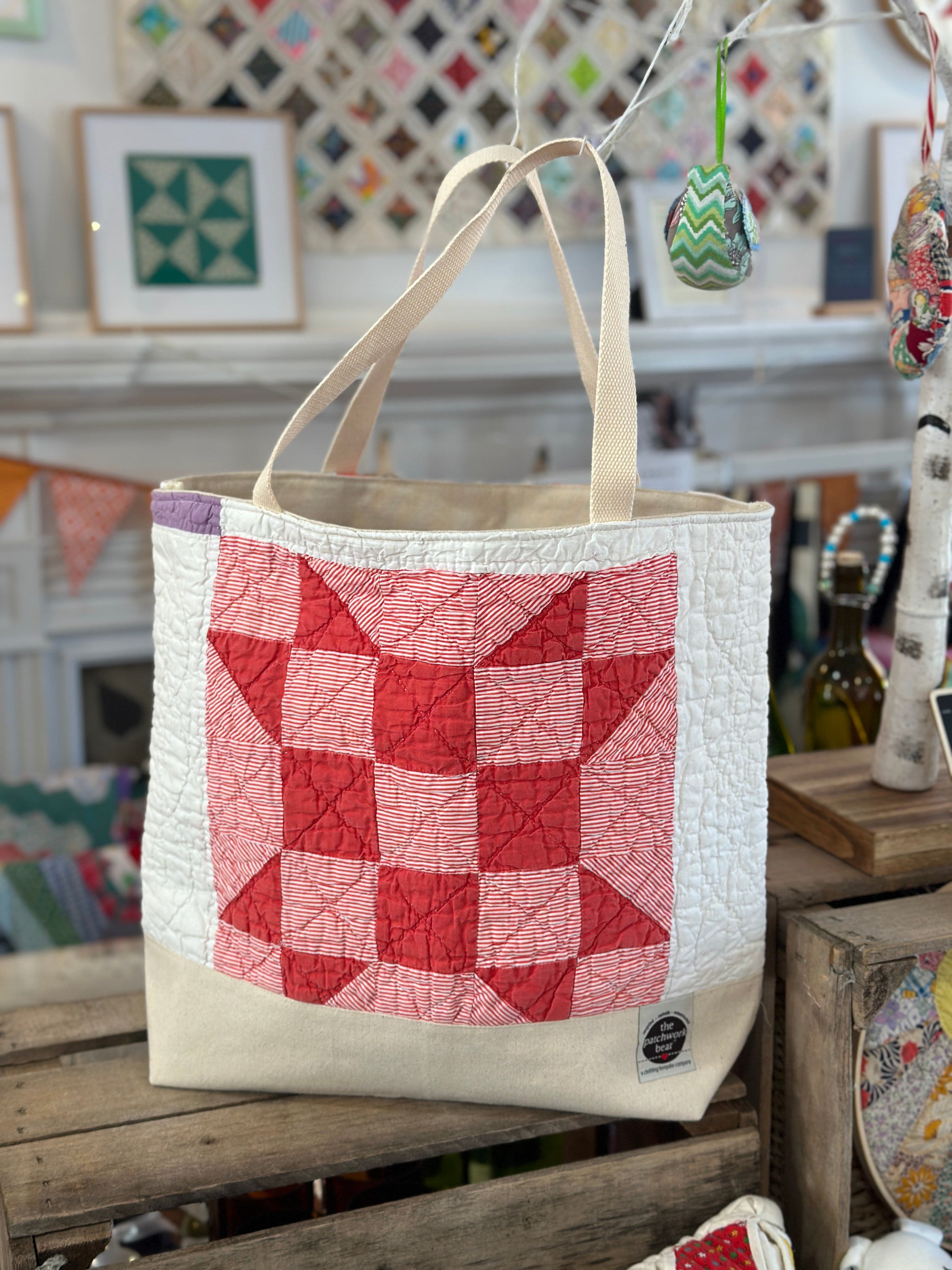 Canvas tote bag with red quilt square