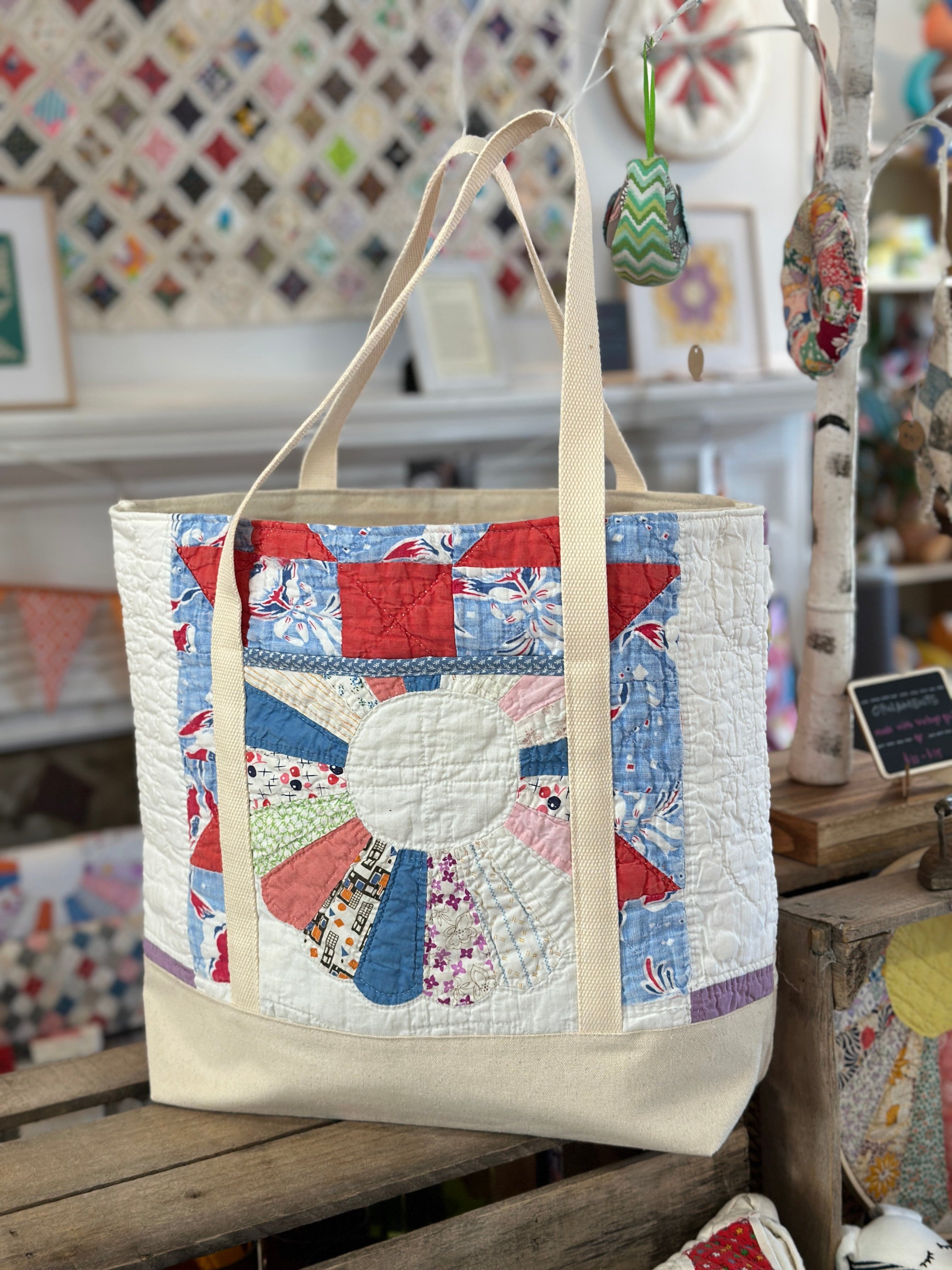 Quilted tote bag with handles.