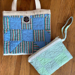 Blue quilted tote bag and matching pouch, photo taken September 12, 2023.