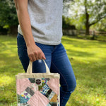 Woman holding patchwork bag, Photo Sep 12, 2023