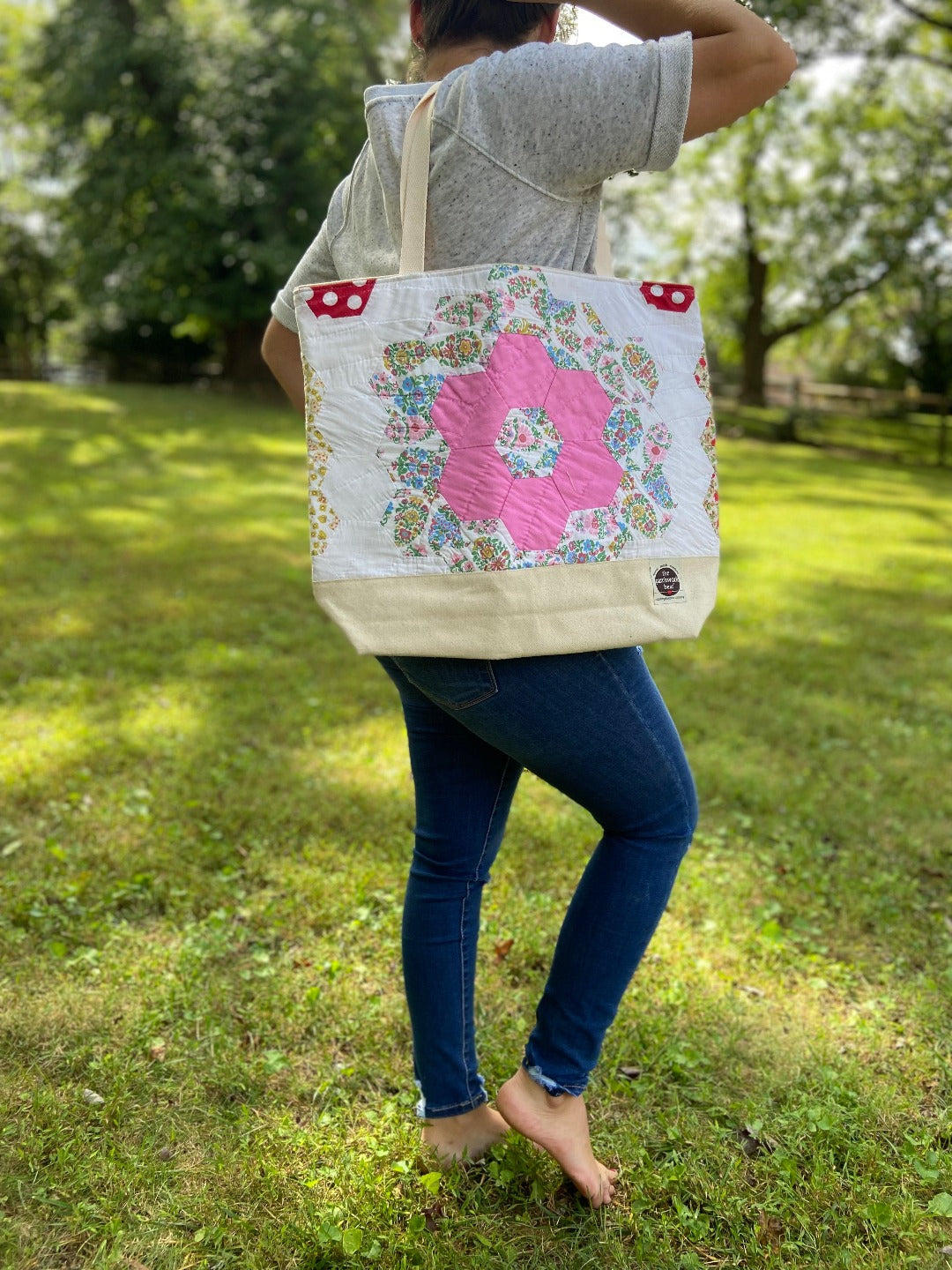 Vintage Quilt Tote Bag, Grandmother's Flower Garden PINK