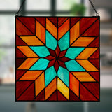 12"H Red & Teal Quilt Square Stained Glass Window Panel