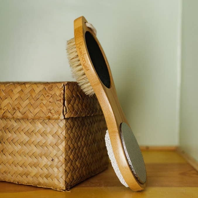 Wooden foot brush and basket.