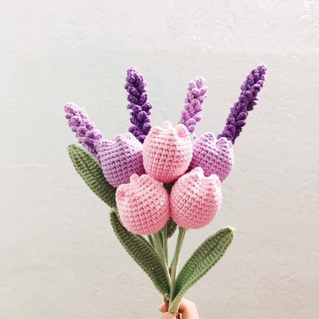 Crocheted bouquet of pink tulips and purple lavender.