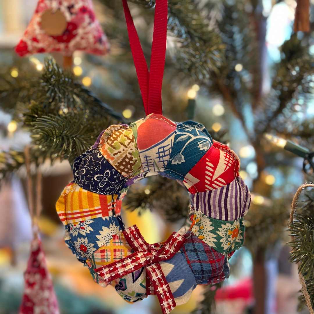 Dresden plate ornament on Christmas tree