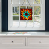 12"H Red & Teal Quilt Square Stained Glass Window Panel