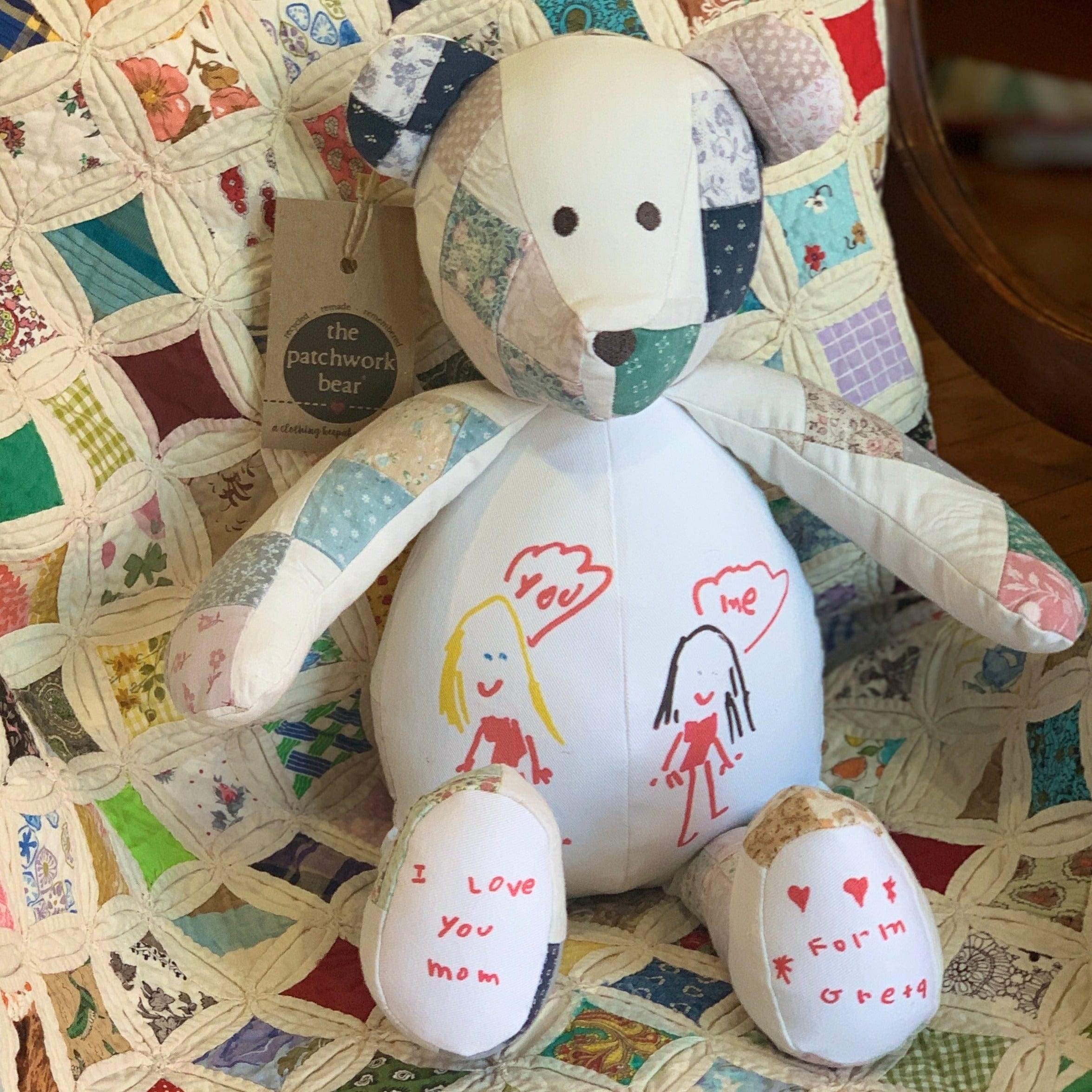 Kelsey's patchwork bear with drawings & I Love You Mom