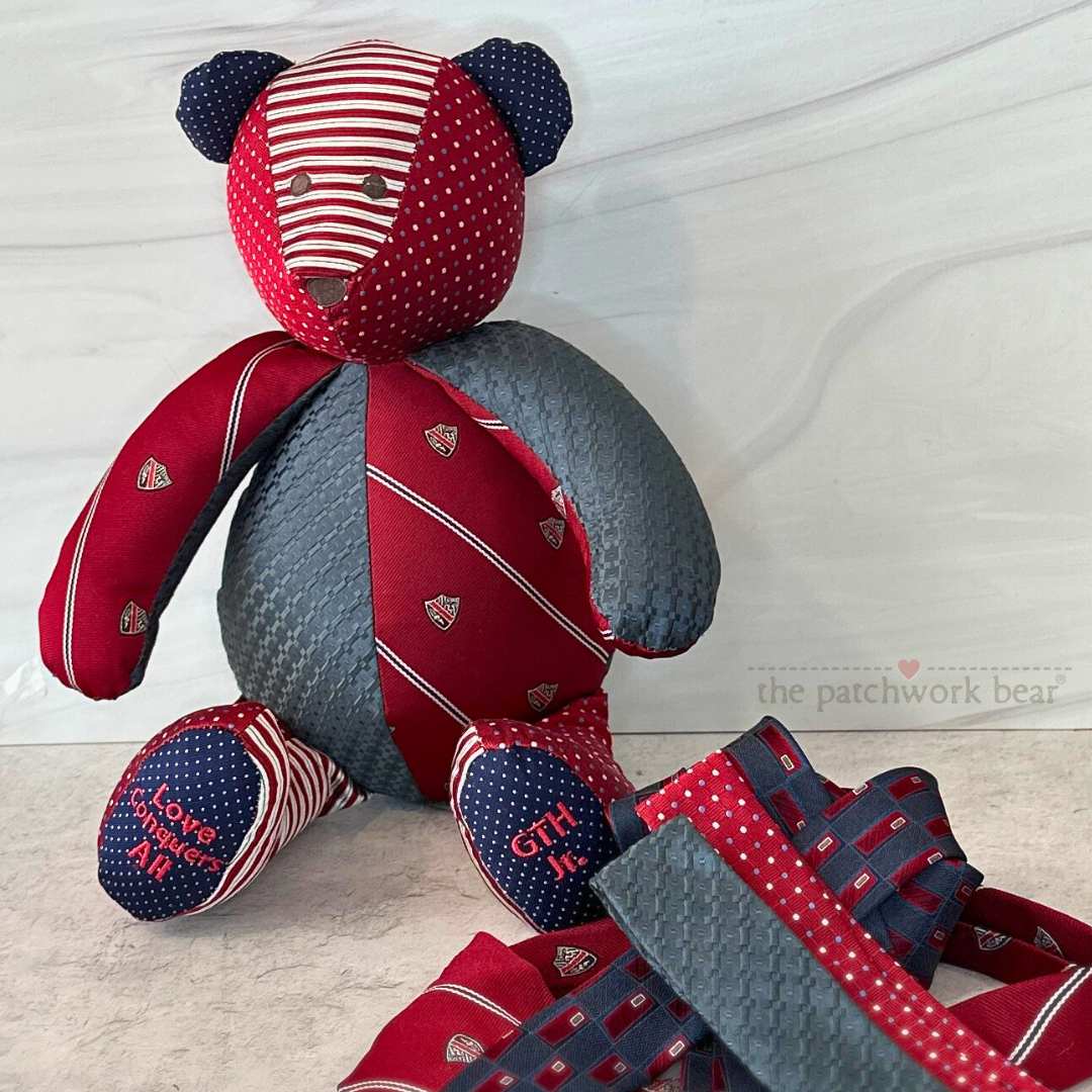 Handmade memory bear created from neckties to honor a loved one