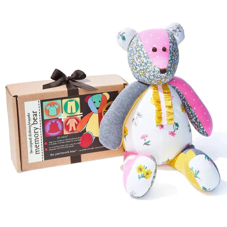 Oprah's Memory Bear gift kit featuring patchwork bear and box.