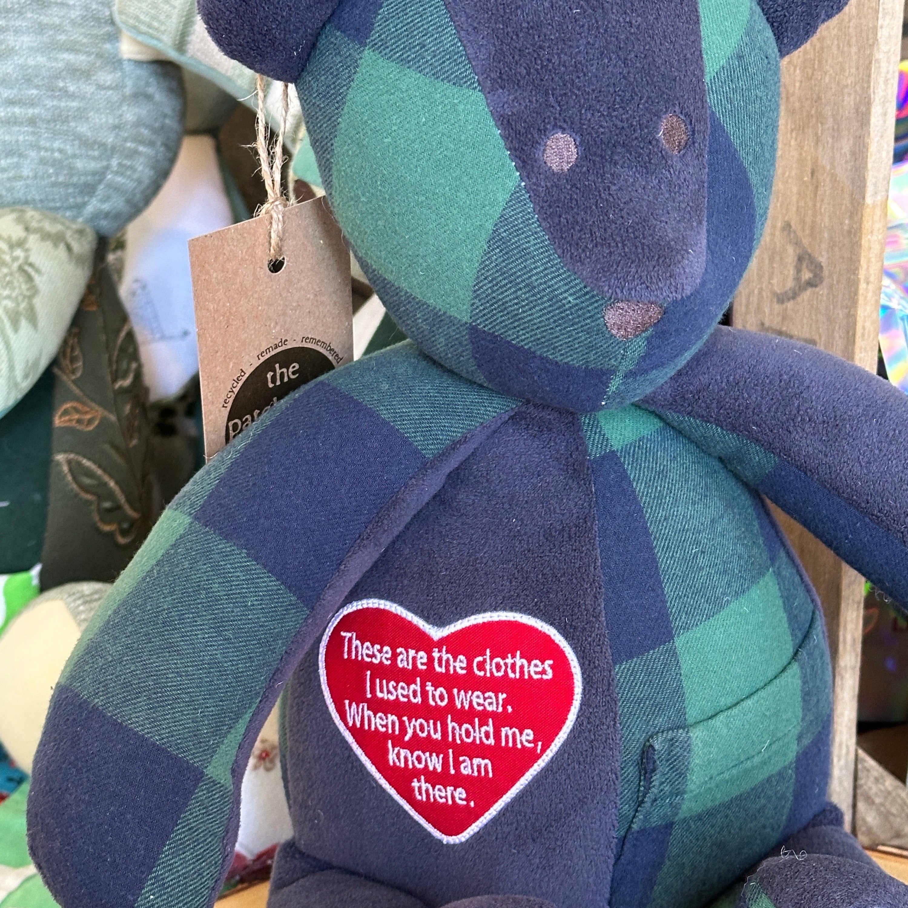 Red plaid bear with heart patch, I used to wear