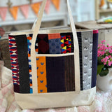 Tote bag with colorful patchwork design made from socks