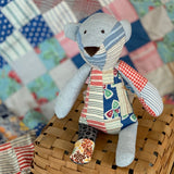 1940s-50s Bitty Bear patchwork teddy bear on basket