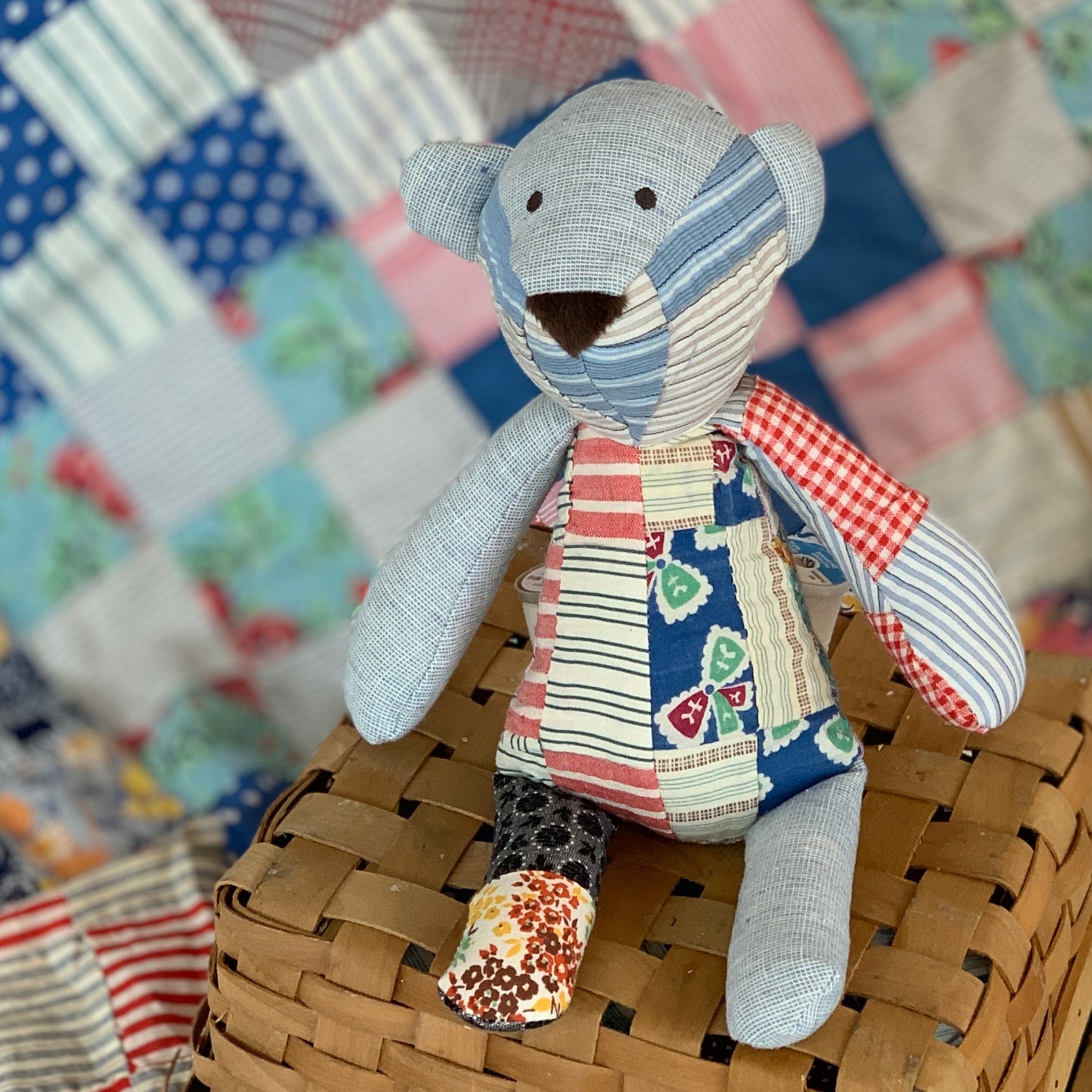 1940s-50s Bitty Bear patchwork teddy bear on basket