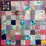 Girl's handmade patchwork quilt with random patterns and designs