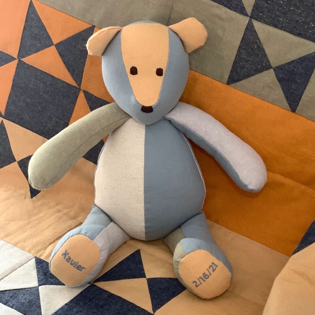 Essex linen patchwork bear with Xavier's name and date.