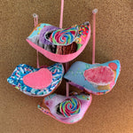 Colorful fabric bird ornaments hanging