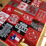 Bellville, Texas T-shirt quilt with logos & text