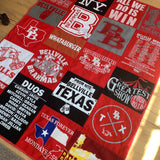 Bellville, Texas T-shirt quilt with logos & text