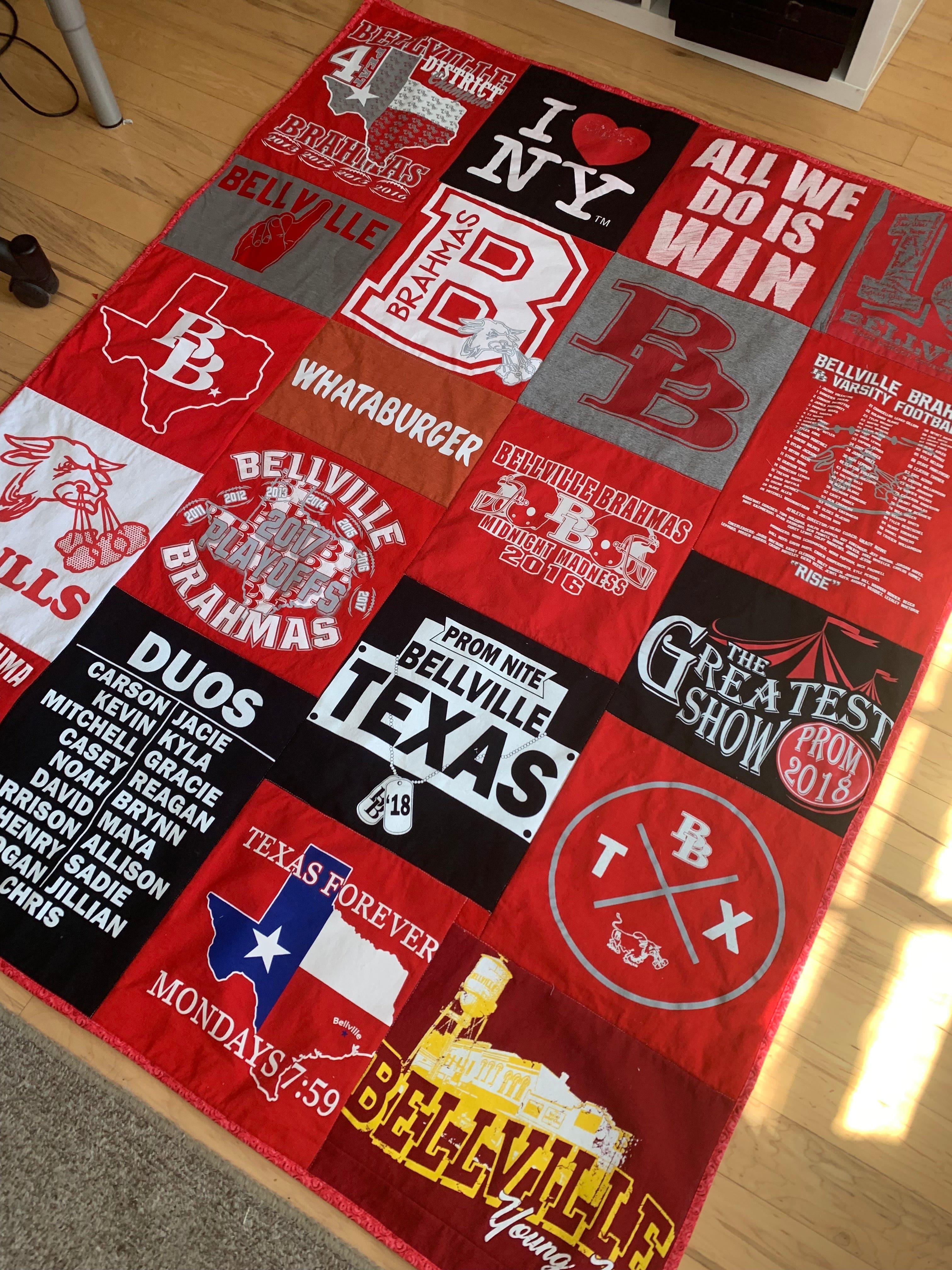 Bellville, Texas T-shirt quilt with logos & text