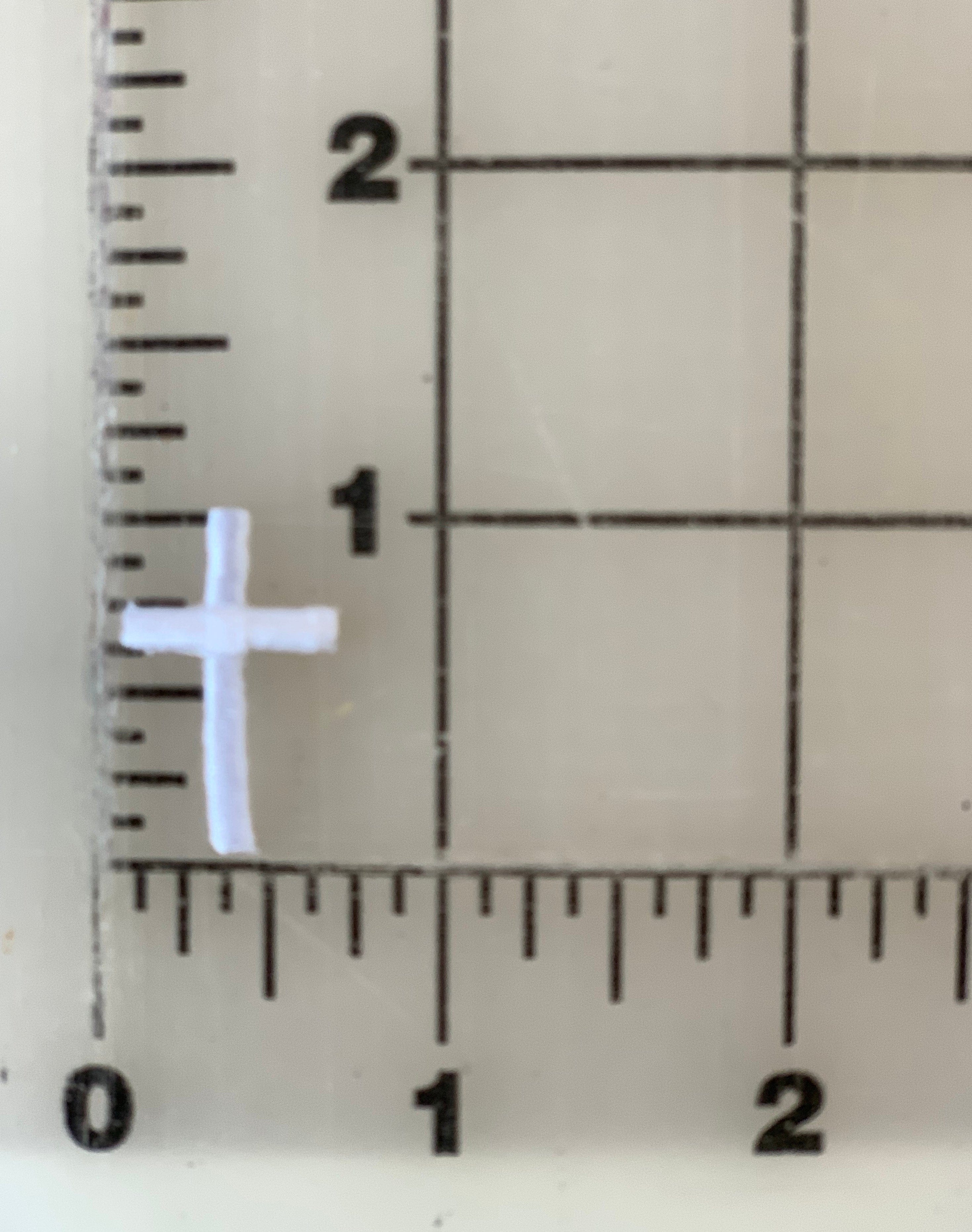 Small white cross next to a ruler.
