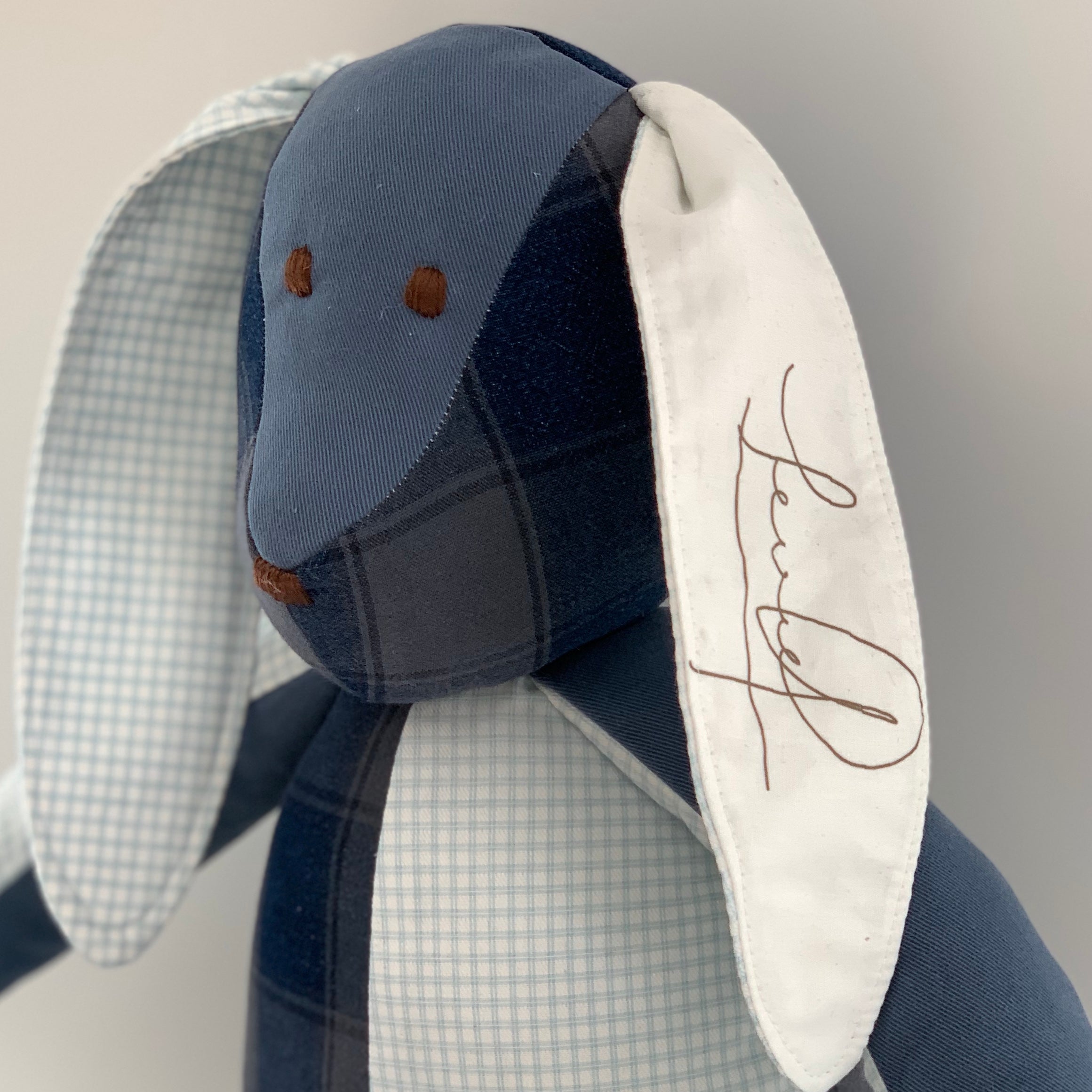 Blue and white plaid bunny stuffed animal.