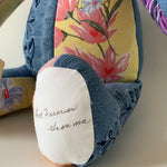 Signature transfer on denim bear foot