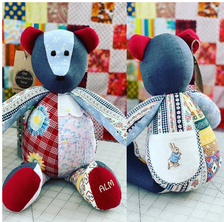 Front and back views of a memory bear made from vintage baby clothes. Saving memories from times past.