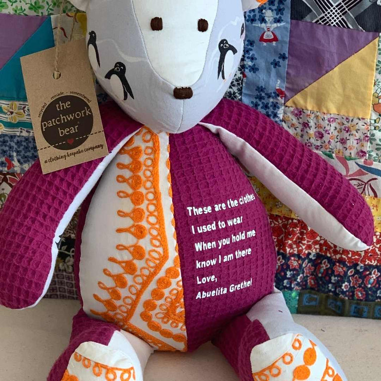 Bereavement Bear made with favorite clothes including a poem printed directly on fabric