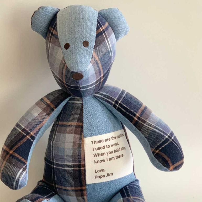 Bereavement Bear made from your loved one's clothes with a poem printed on white fabric in black letters